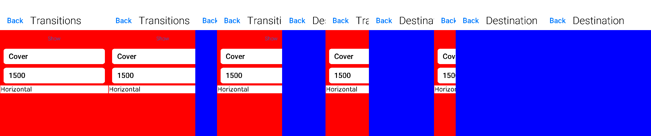 With cover transitions the source form stays in place as it’s covered by the destination. This transition can be played both horizontally and vertically